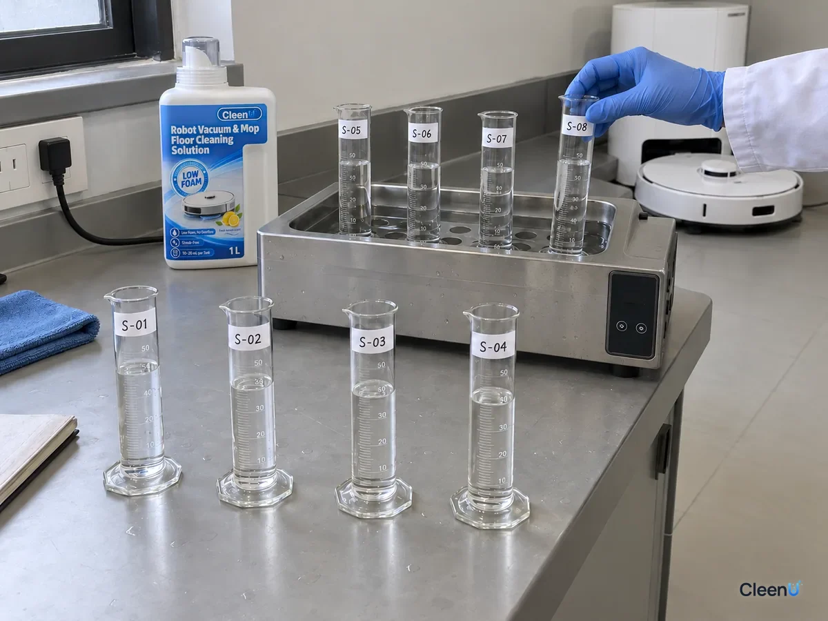 Lab cylinders at room temperature and in a temperature-controlled bath compared, with CleenU Robot Mop solution behind.