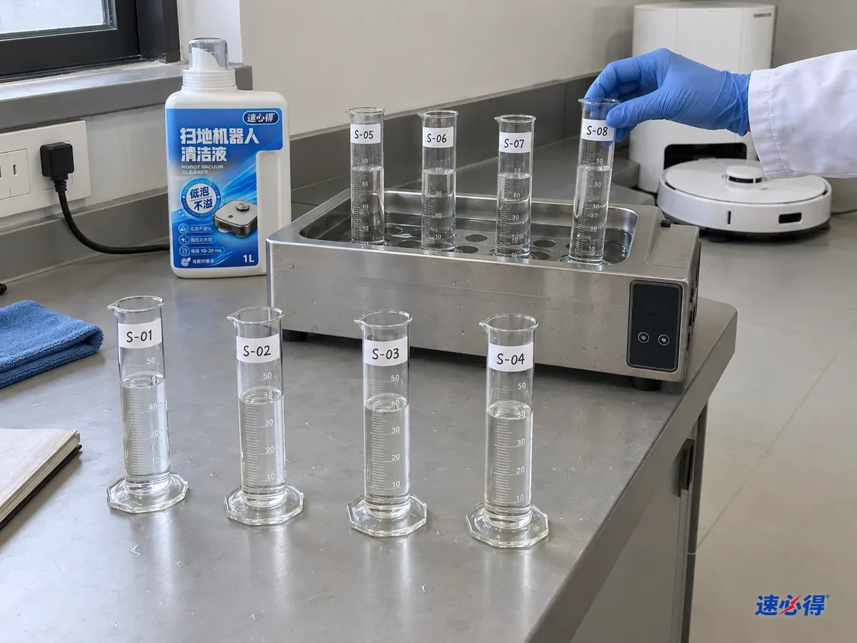 两排量筒对比常温与温控水浴中的清洁工作液，手放回一只，旁边立着速必得扫地机器人清洁液。