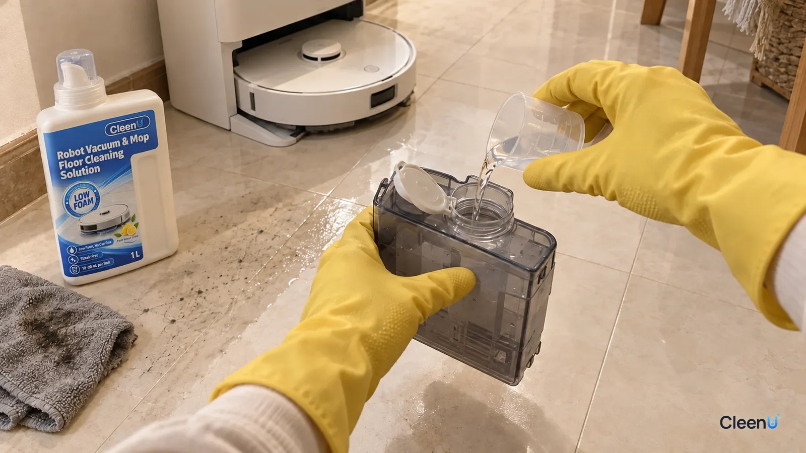 A gloved hand pours from a small clear cup into a pulled-out dock solution compartment, beside CleenU Robot Mop solution.
