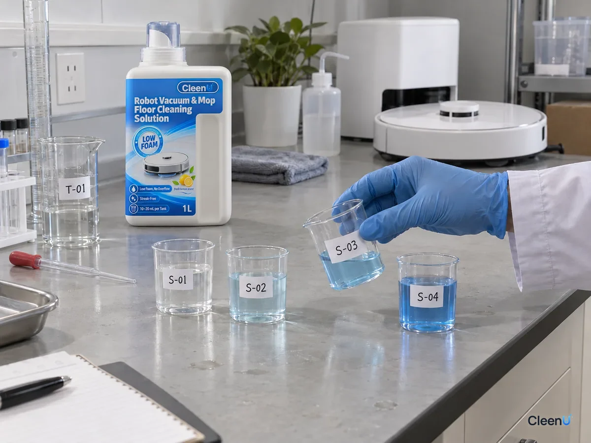 Cups of cleaning solution at different dilutions; a gloved hand tilts one to watch it flow, CleenU Robot Mop solution behind.