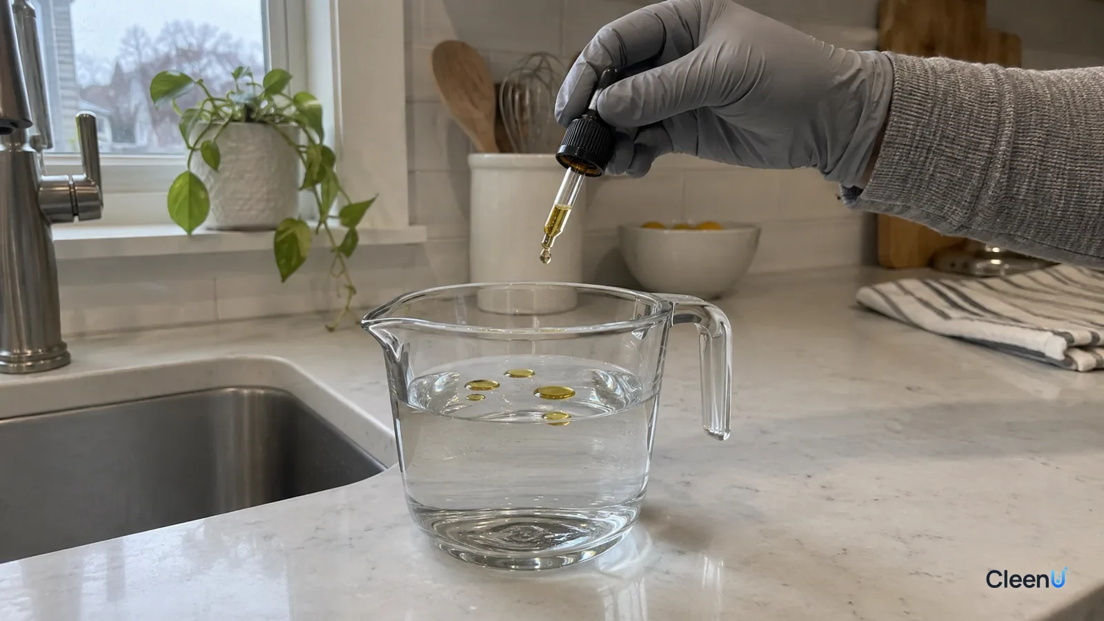 AI illustration: A dropper dispensing liquid into a measuring cup of water with droplets on the surface