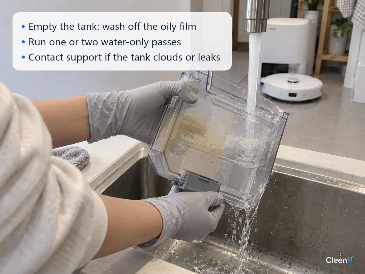 AI illustration: Gloved hands rinsing a robot mop clean-water tank at a sink