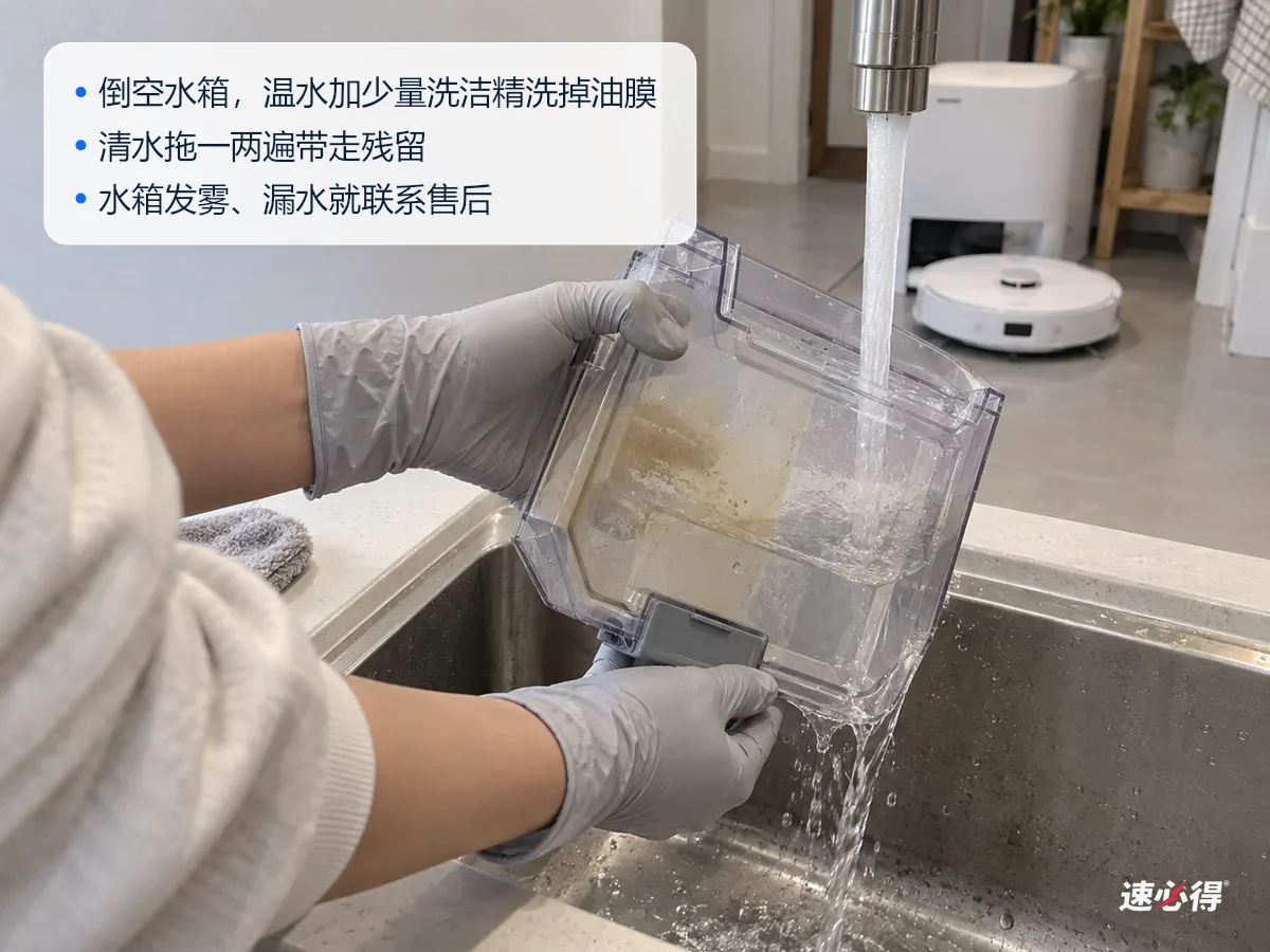 AI 示意图：戴手套的手在水槽边冲洗扫地机器人清水箱