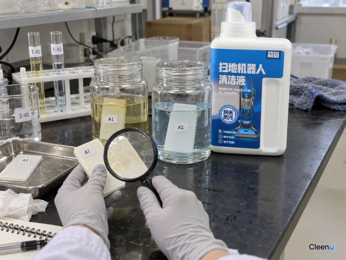 AI illustration: Plastic samples soaking in two containers, with a gloved hand holding a magnifier