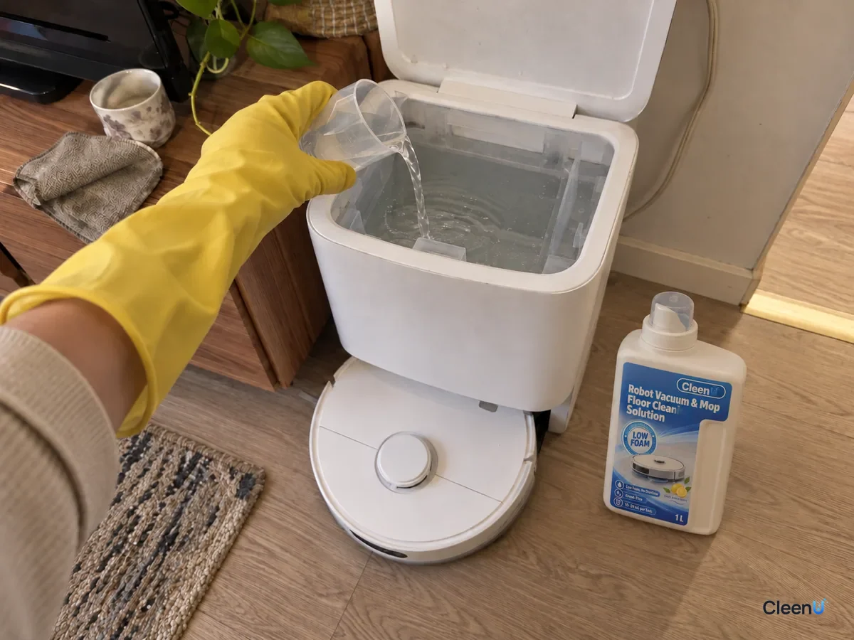 A gloved hand pours the measured solution down the side of the dock's water tank beside a CleenU Robot Vacuum & Mop bottle.