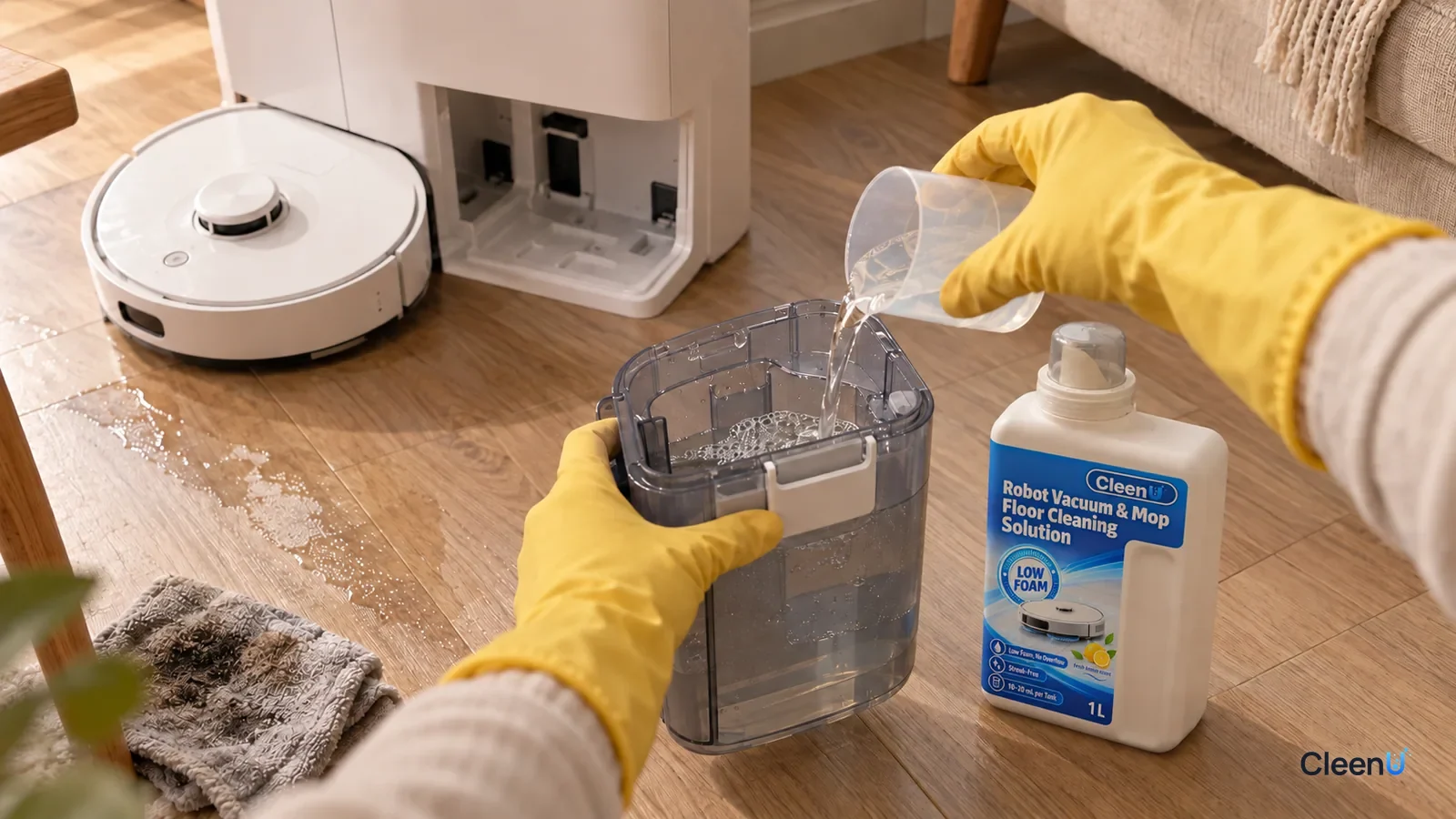 A gloved hand pours a measured dose of CleenU Robot Vacuum & Mop solution into a robot dock's clean water tank on a wood floor.