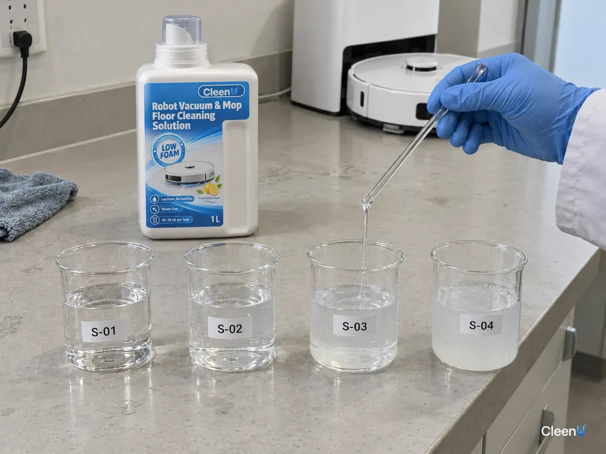 Beakers S-01 to S-04 at rising dilutions; a gloved hand tests one with a glass rod beside a CleenU Low Foam bottle.