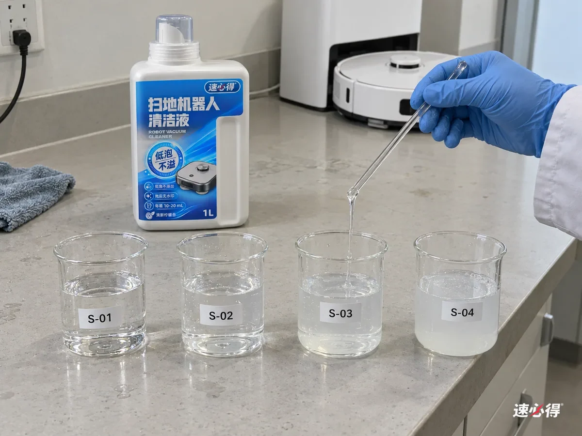 四只烧杯装原液和逐步加水的样品，玻璃棒挑起液体看是否拉丝，旁立速必得扫地机器人清洁液。
