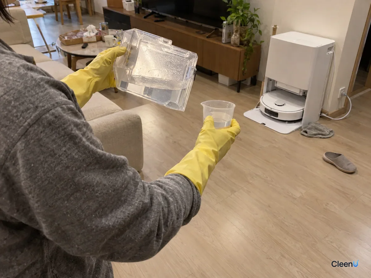 A person holds the robot's small onboard water tank up to check its fill marks while holding a measuring cup, the dock behind.