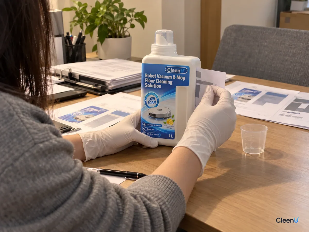 A person in gloves reviews the label of a CleenU Robot Vacuum & Mop Low Foam bottle against printed label drafts at a desk.