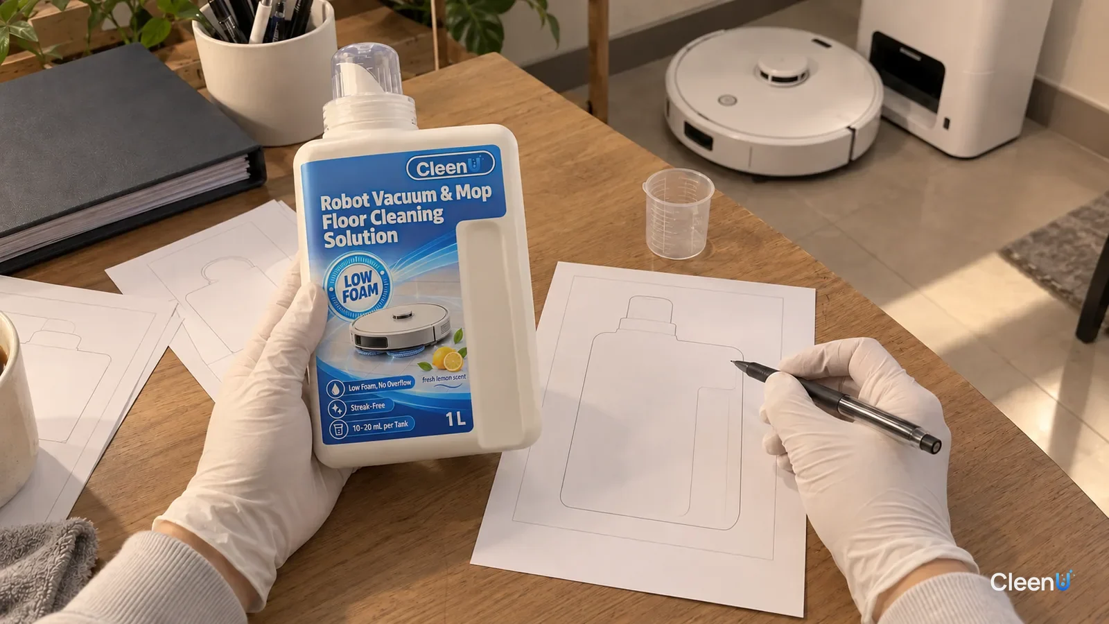 Gloved hands hold a CleenU Robot Vacuum & Mop Low Foam bottle while tracing its outline on paper to draft a US label layout.