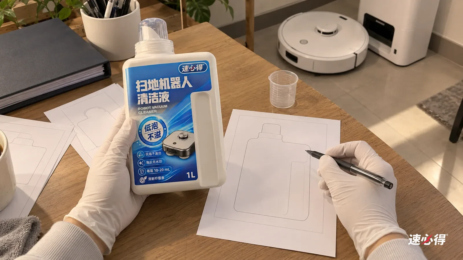 戴白色手套的手拿着速必得扫地机器人清洁液瓶，用笔在标签打样纸上比对位置