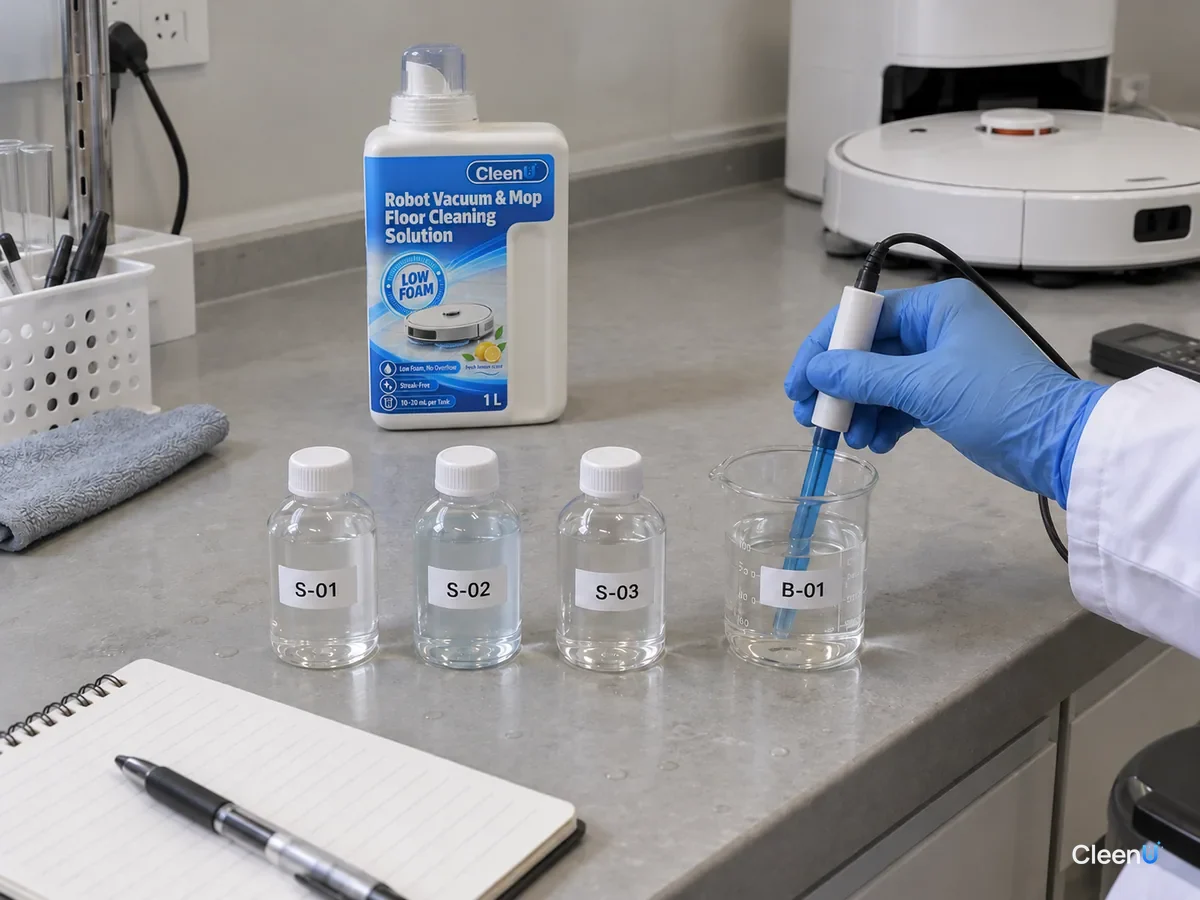 A lab tech tests pH of samples S-01 to S-03 and a B-01 beaker with a meter, beside a CleenU Low Foam robot mop solution bottle.