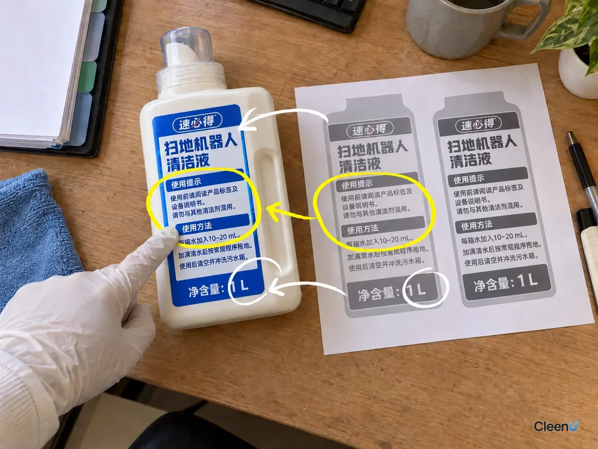 A Chinese-label robot mop solution bottle compared with two printed label drafts, with the usage notes and 1 L net content marked.