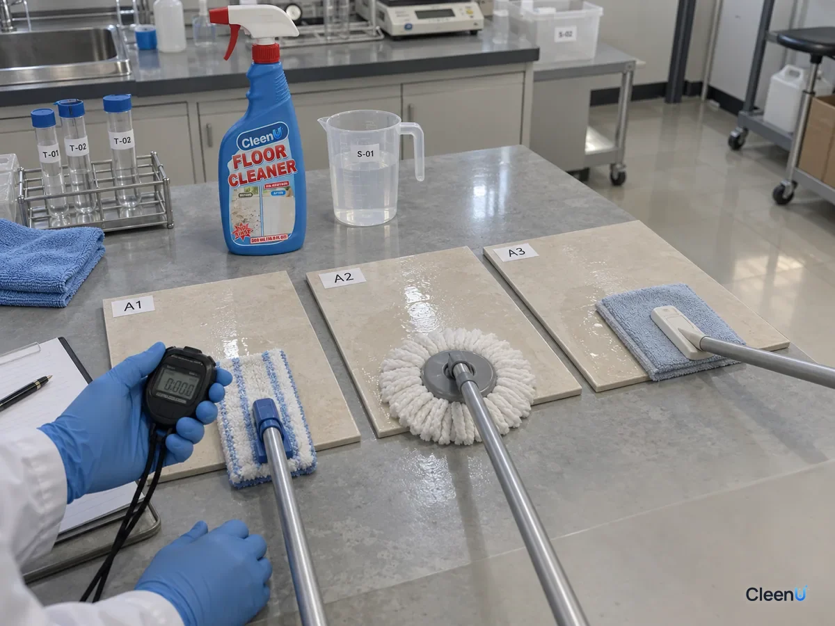 Lab floor: three coded tile panels each mopped with a different tool; a technician times how fast each dries, beside CleenU Floor Cleaner and a measuring cup.