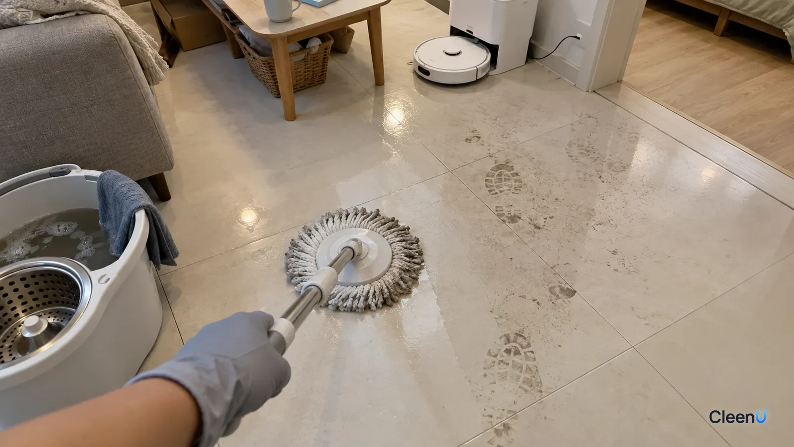 Light grey nitrile-gloved hand pushing a spin mop on light tile, grey dirt on the mop edge, one clean damp strip behind, grey footprints ahead