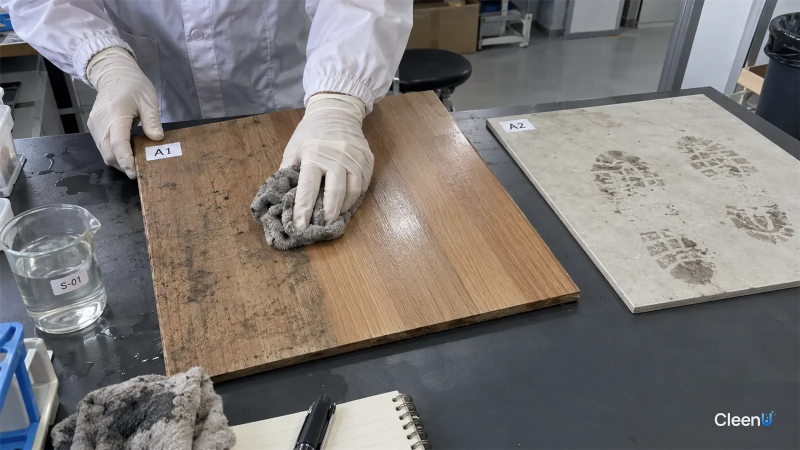 First-person: a white nitrile-gloved hand wipes a wood floor sample with a wrung mop pad, grey dirt on the pad, a tile sample beside still dusty, a measuring cup nearby.
