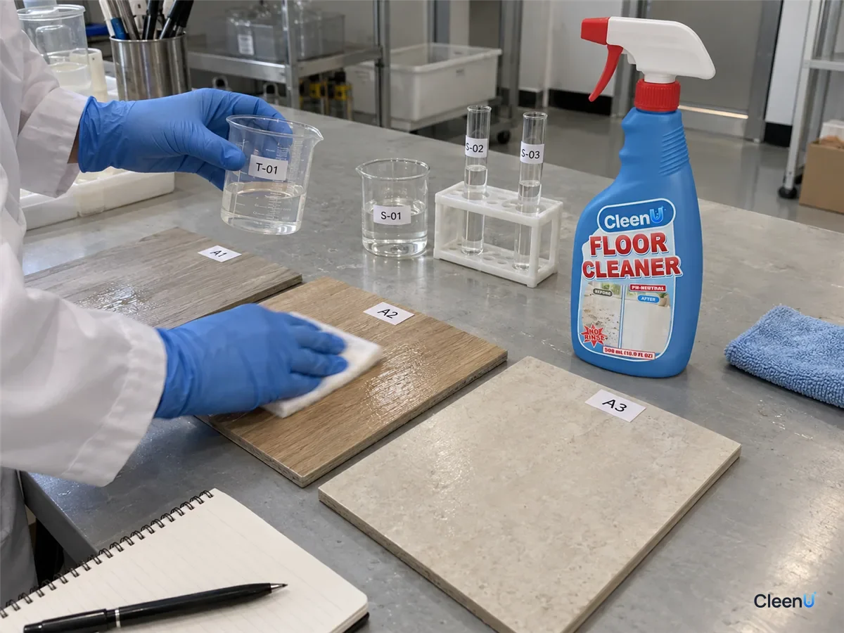 Lab bench: coded flooring panels; a technician measures diluted cleaner at the label ratio, wipes with a mop swatch, and checks for haze in side light, beside CleenU Floor Cleaner.