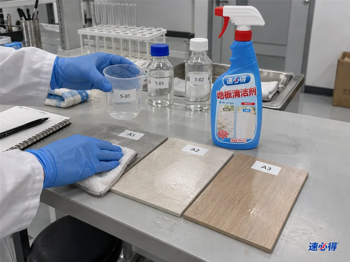 实验台上几块贴着不同测试编号的地板样板，技术人员按标签比例用量杯量取稀释后的清洁液，用拖布样块擦过后侧光检查有无发白，台面上放着一瓶速必得地板清洁剂。
