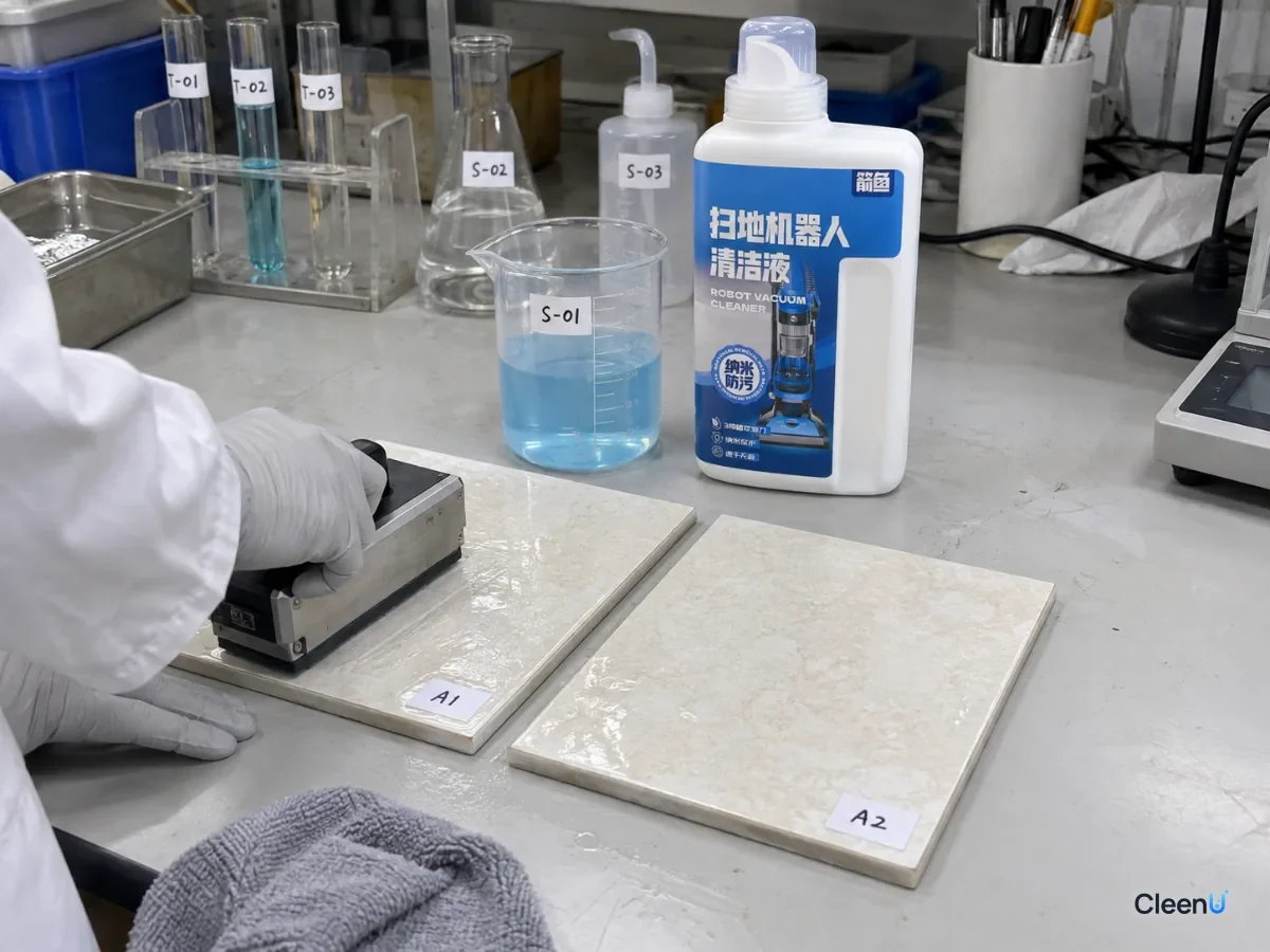 AI illustration: Tile samples and a surface measuring instrument beside a blue bottle on a laboratory bench