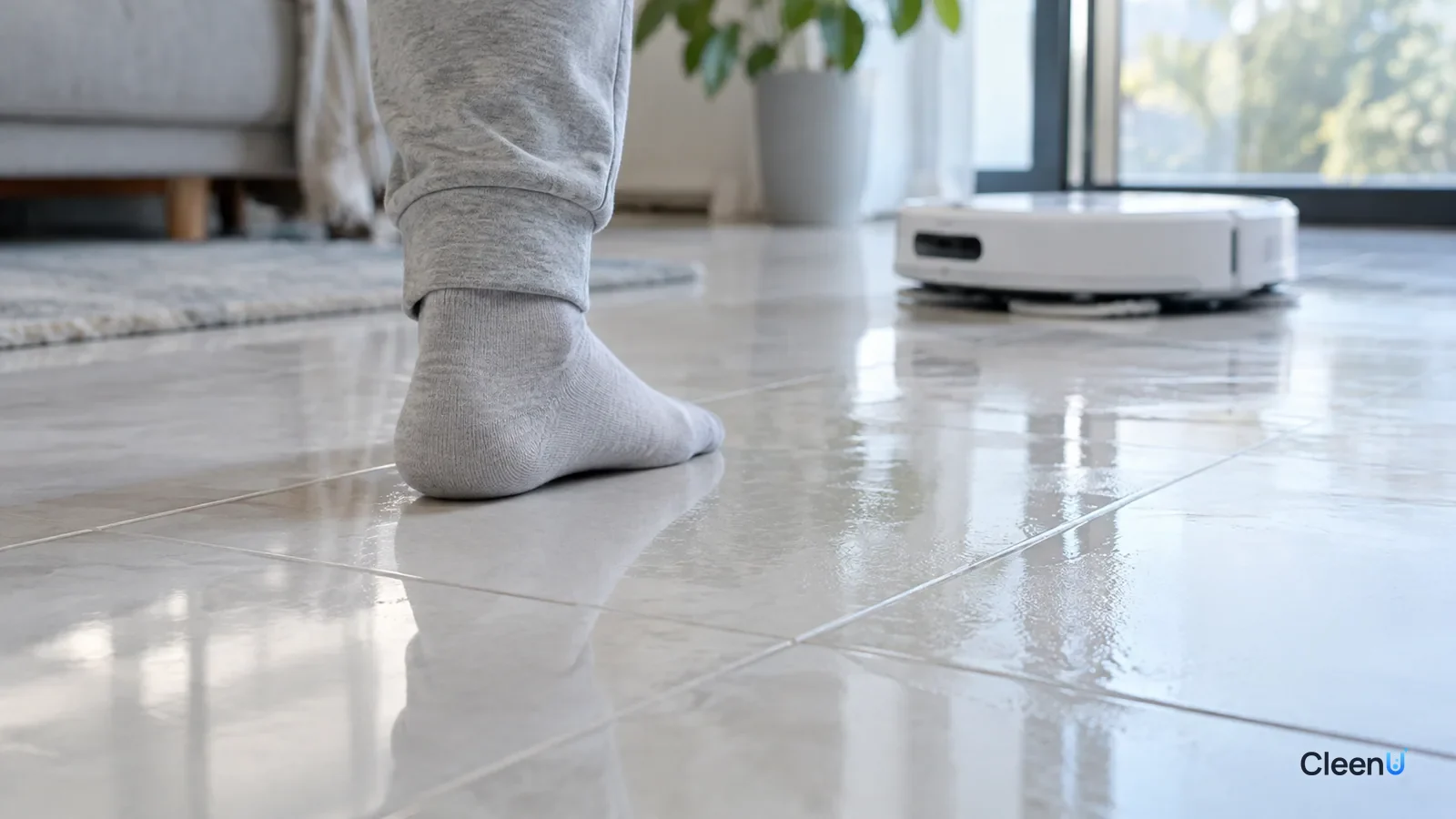 AI illustration: A socked foot on a light tile floor just mopped by a robot, the floor showing a filmy sheen in side light