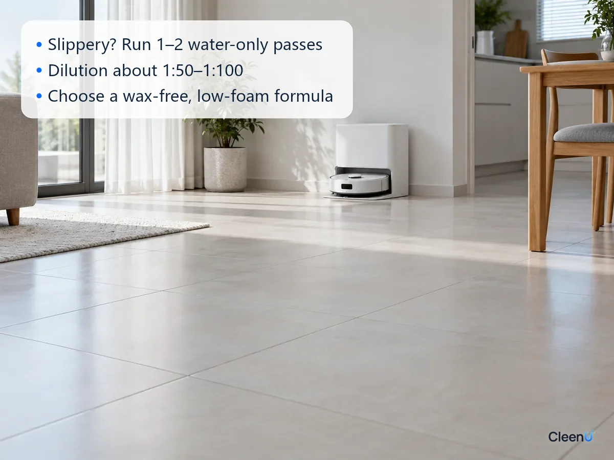 AI illustration: Light tile flooring beside a robot mop in side light