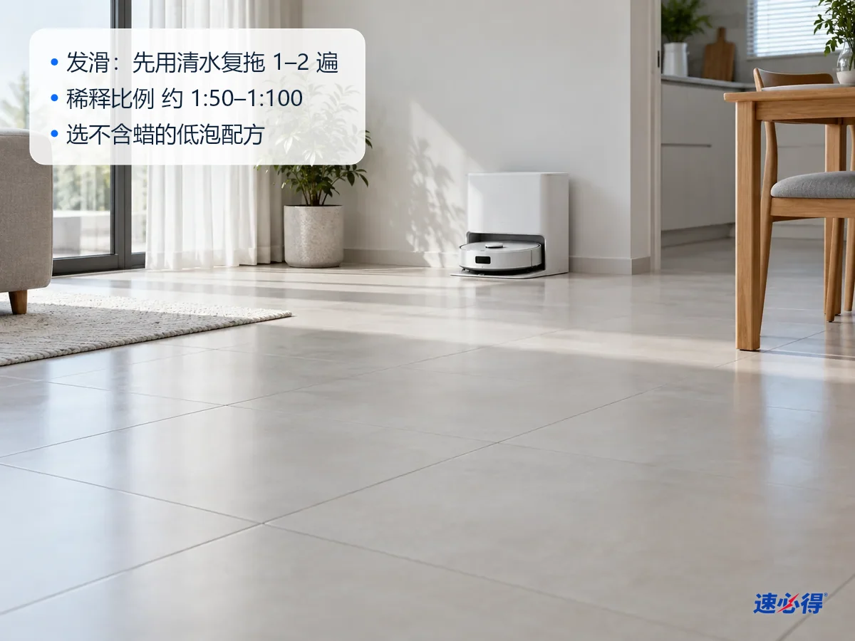 AI 示意图：扫地机器人旁的浅色瓷砖地面，在侧光下显出反光