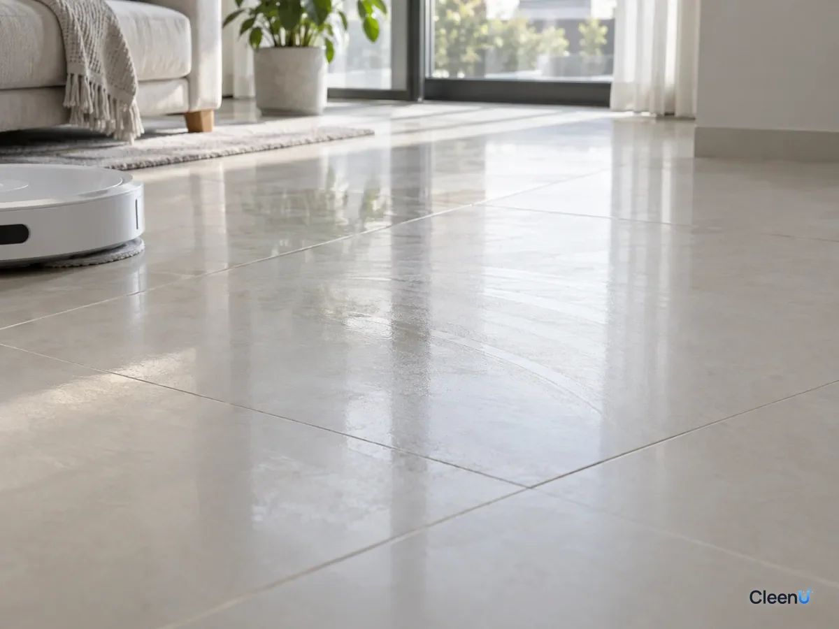 AI illustration: A tile floor mopped by a robot showing an even filmy sheen in low side light