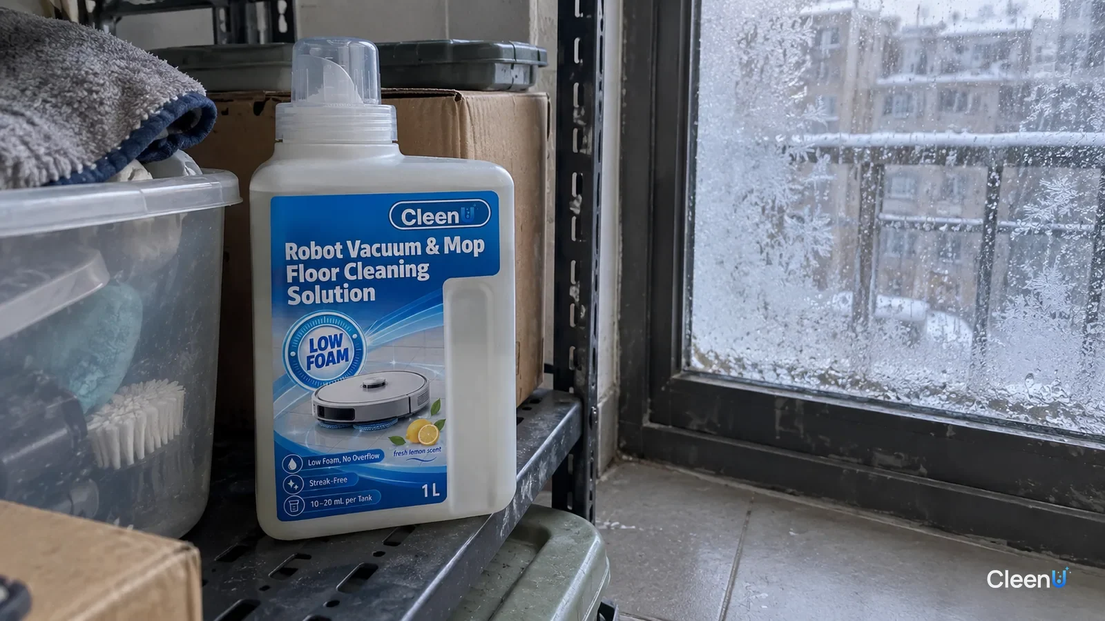 AI illustration: A bottle of robot mop cleaning solution on a shelf in an unheated sunroom in winter, frost on the window beside it and the liquid inside looking slightly cloudy
