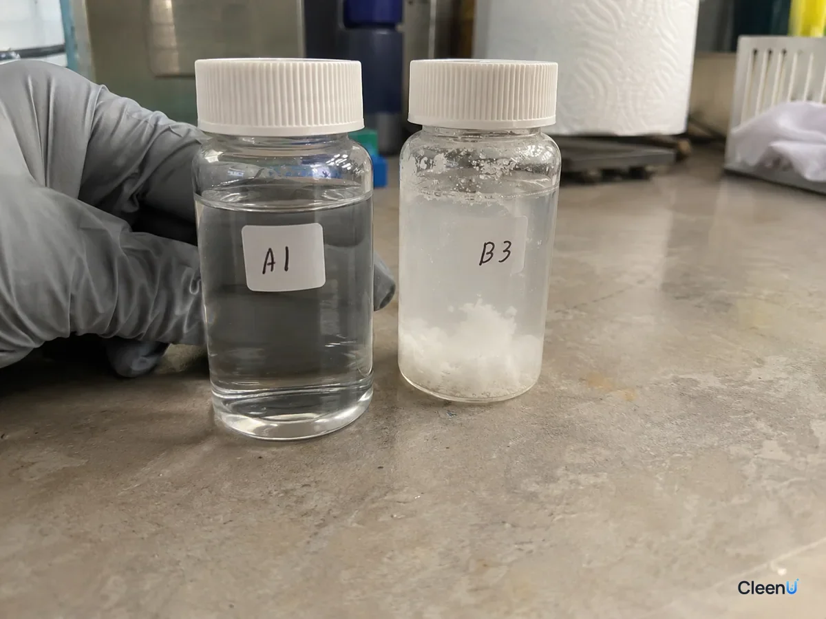 AI illustration: Two coded glass bottles, one clear and the other containing white sediment