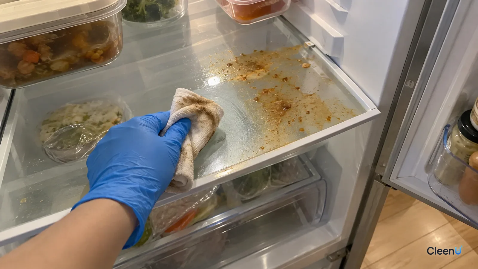 First-person close-up: a hand in blue nitrile gloves wipes dried soup off a fridge glass shelf with a damp cloth; brown on the cloth, half the shelf clear, half still stained.