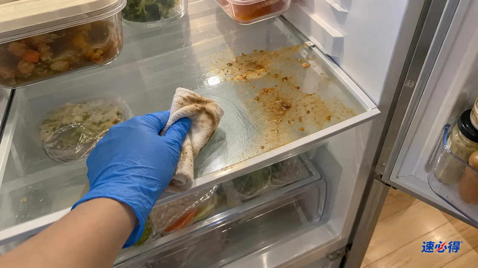 第一人称近拍，戴蓝色丁腈手套的手用湿布擦冰箱玻璃搁板上干掉的汤汁印，布上沾着褐色，擦过半边透明，另半边还有褐印。