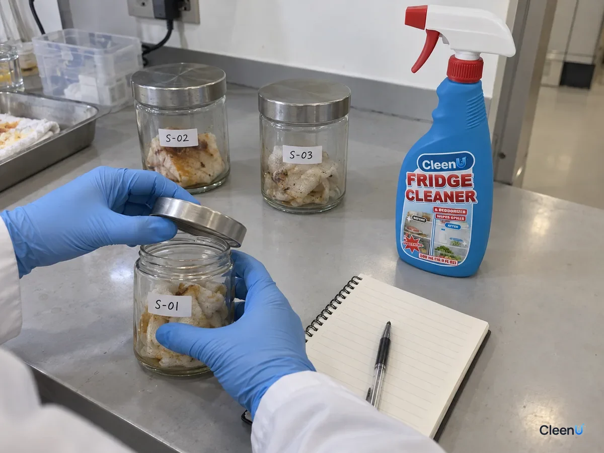 Lab bench: coded sealed jars with cloth swatches soaked in fish and food juices, two wiped with fridge cleaner; a technician sniffs and records, beside CleenU Refrigerator Cleaner & Deodorizer.