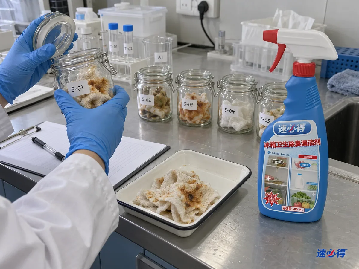 实验台上几只贴着不同测试编号的密封玻璃瓶，里面放着沾了鱼汁和剩菜汁的布片，其中两只布片擦过冰箱清洁剂，技术人员打开其中一只密封瓶闻味记录，台面上放着一瓶速必得冰箱卫生除臭清洁剂。