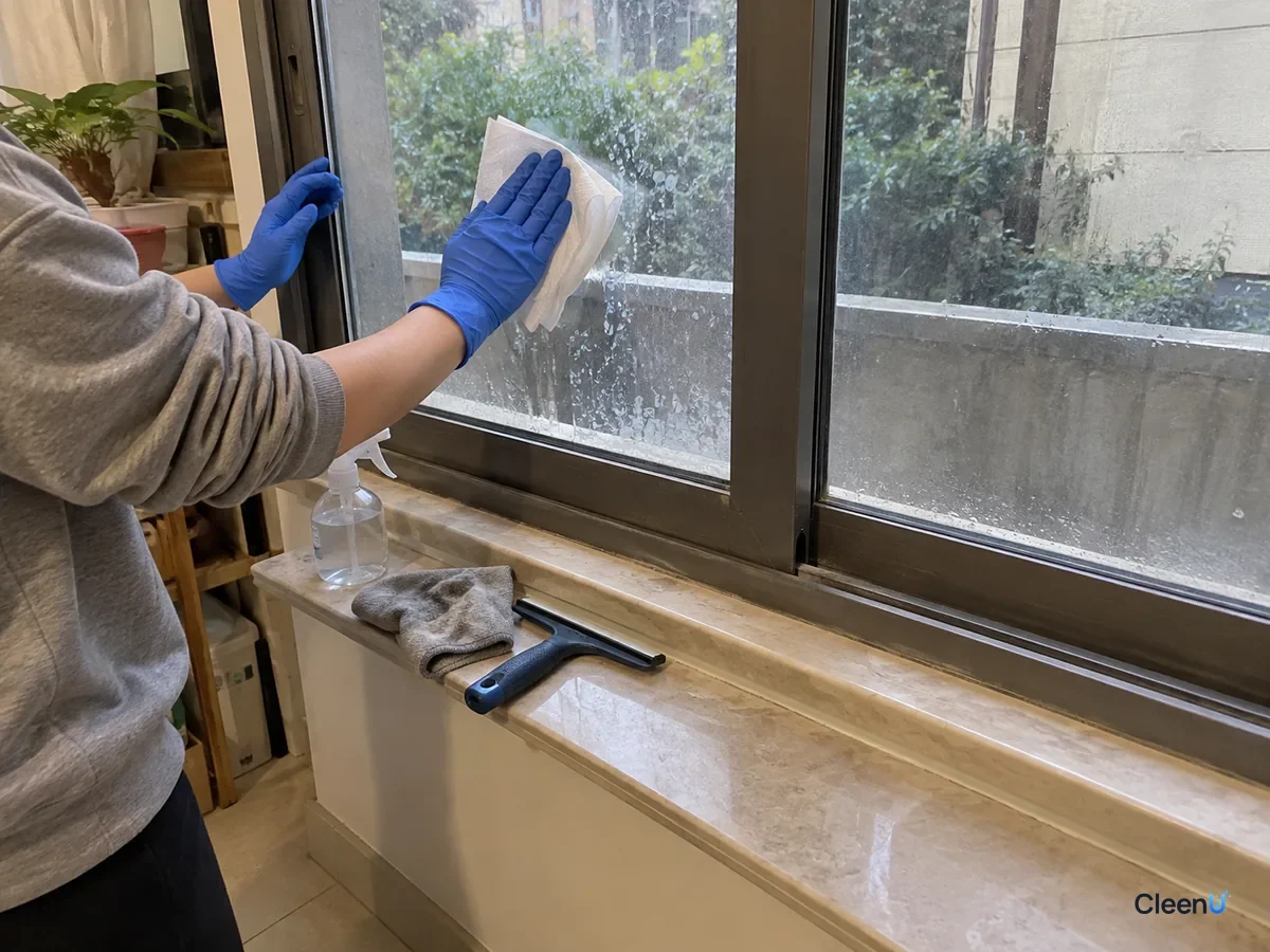 Blue-gloved hand pressing a soaked paper towel onto white water spots on the glass, the aluminum frame and stone sill below kept dry and untouched