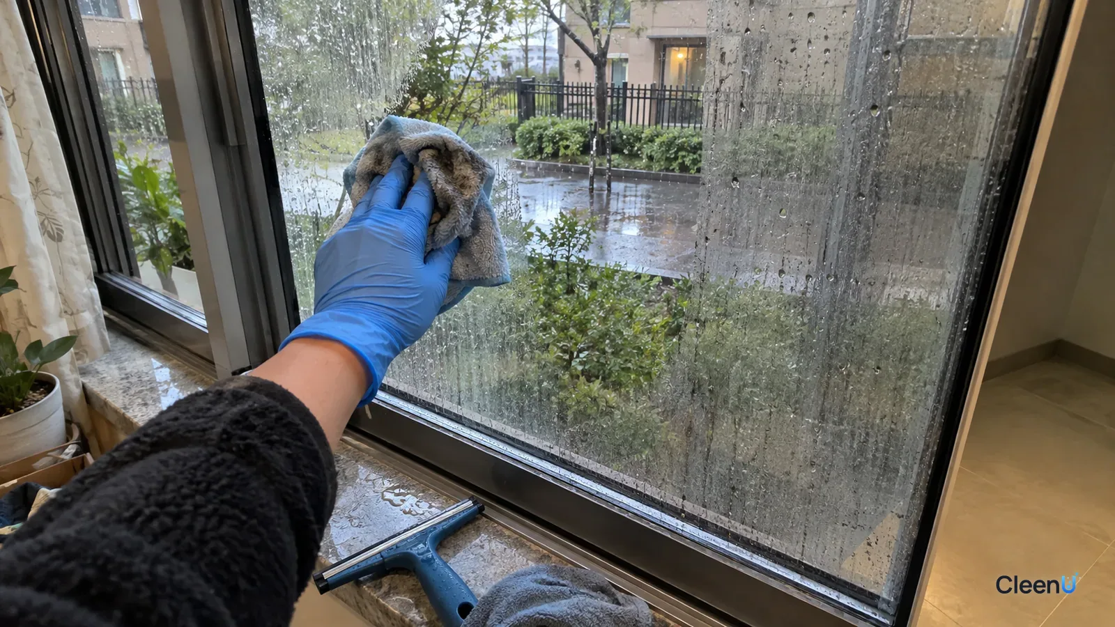Blue nitrile-gloved hand reaching out an open window to wipe rain streaks off the outer glass with damp microfiber, grey on the cloth, one patch clear beside streaks
