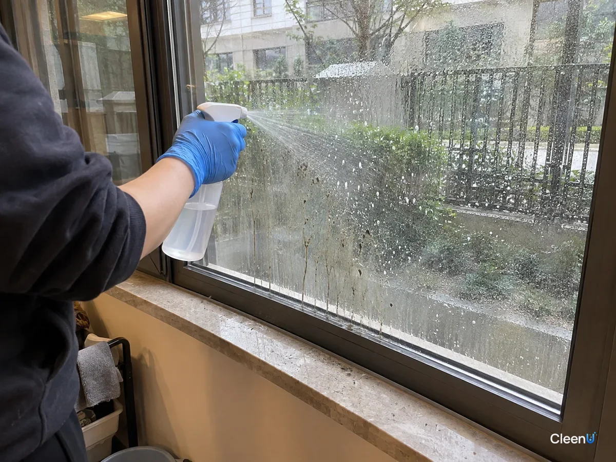 Blue nitrile-gloved hand spraying plain water on the outside of a sliding window, mud specks and dust running down, white round water spots still on the glass