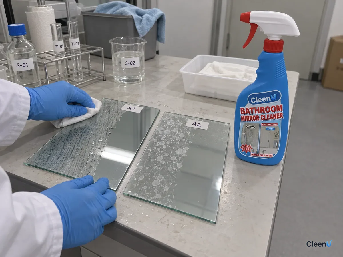 Lab bench: two coded glass panels, one with gray streaks wiped off with glass cleaner, one with white scale spots softened by a compress, beside CleenU Bathroom Mirror Cleaner.