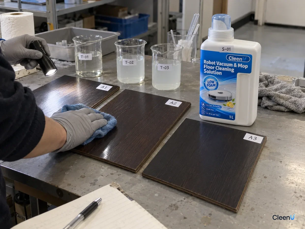 AI illustration: A flashlight illuminating dark wood floor samples beside a blue cleaner bottle