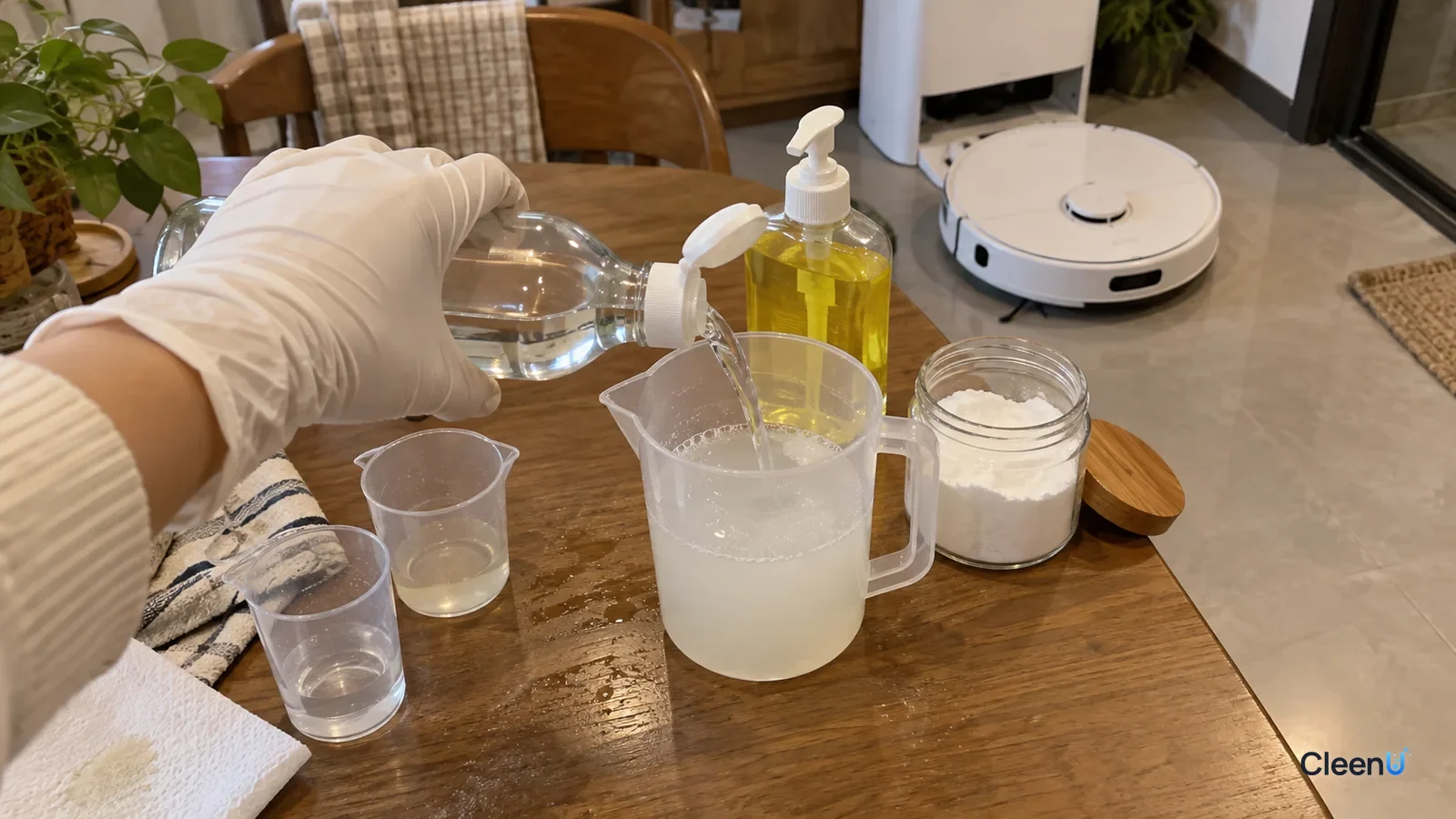 White-gloved hand pours vinegar into a cup of soapy water that turns cloudy, with baking soda and a round robot mop nearby.