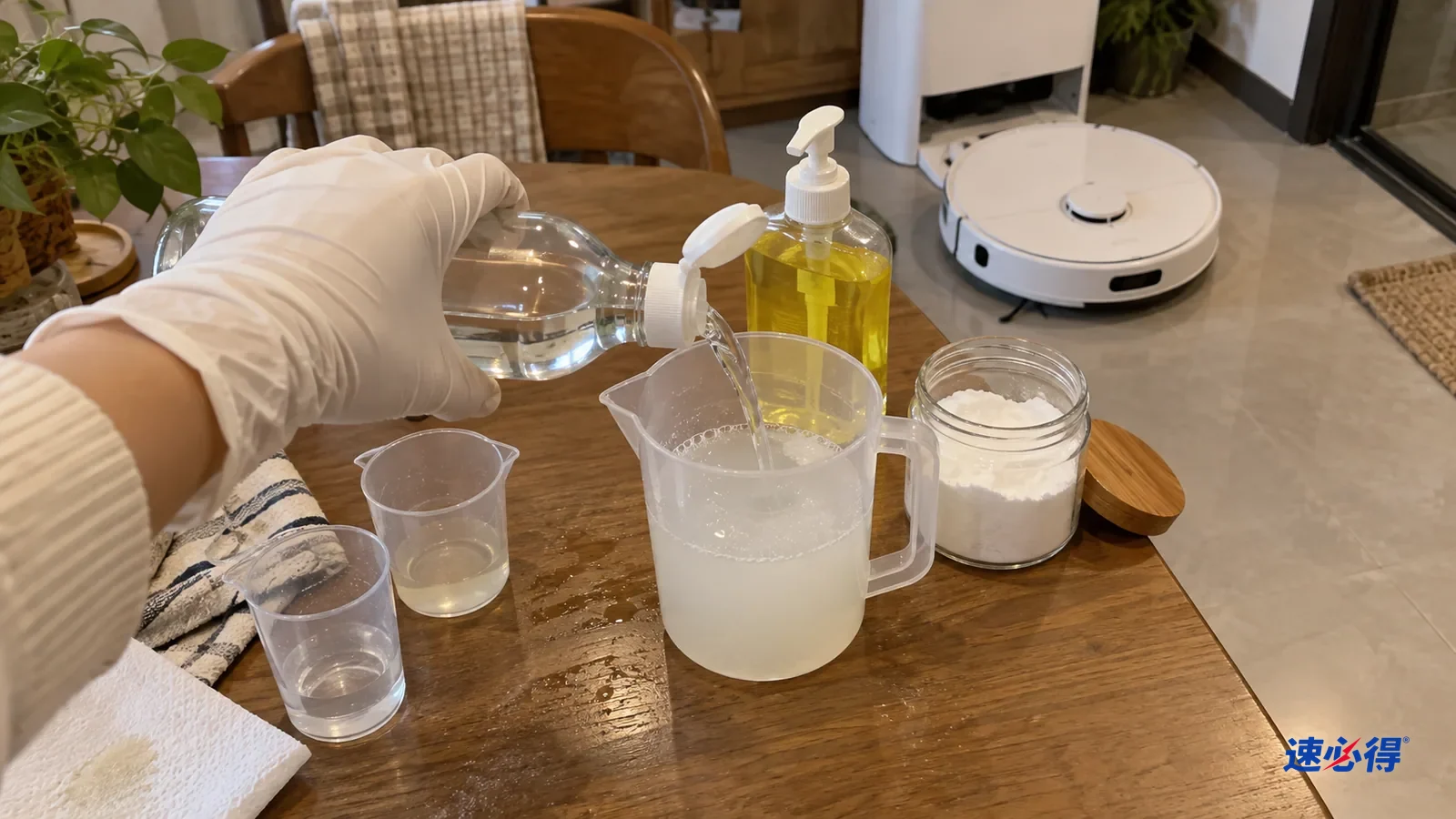 戴手套的手在桌上调配网传自制清洁液，旁边是白醋、洗洁精和小苏打，后方是扫地机器人。