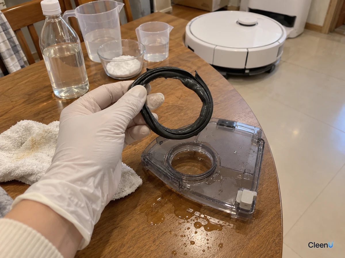 Gloved hand holds a swollen, warped black gasket from a robot mop tank lid, with a seepage ring at the lid fitting.