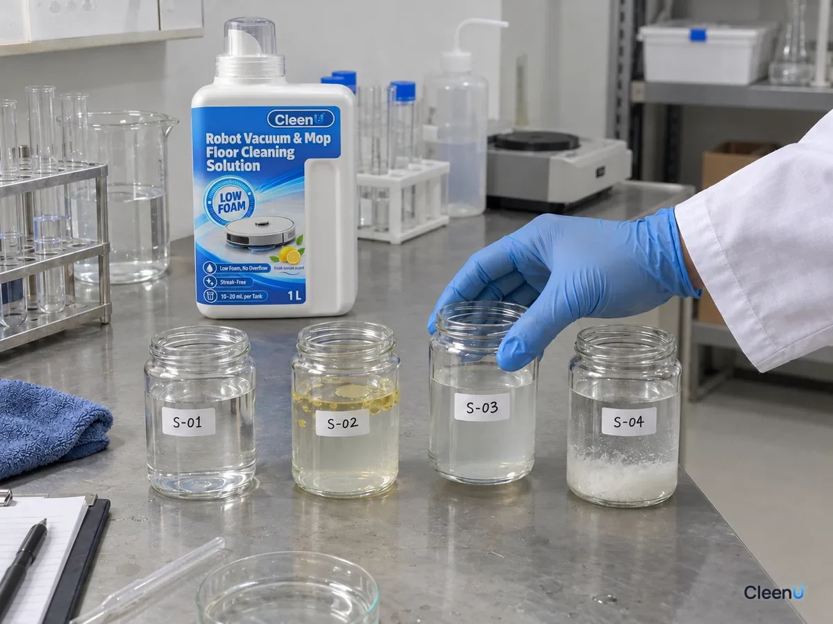 Jars S-01 to S-04 of mixed liquids, one oily and one with white sediment, CleenU Robot Vacuum & Mop Floor Cleaning Solution behind.