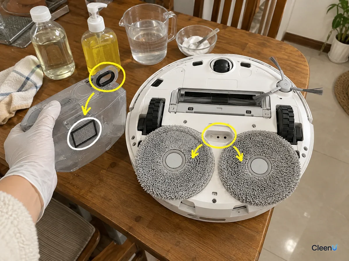 Robot mop flipped on a table with the tank removed; outlet filter, drip holes and lid gasket circled in white and yellow.