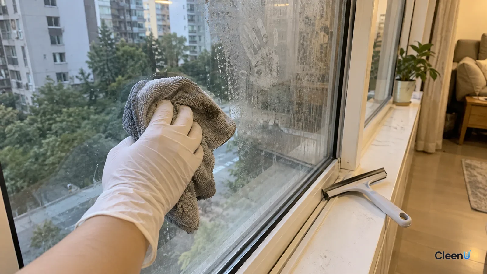 First-person: a white nitrile-gloved hand wipes greasy handprints off a sliding window with a damp microfiber cloth, one clear patch beside smudges and water spots, cloth grayed.