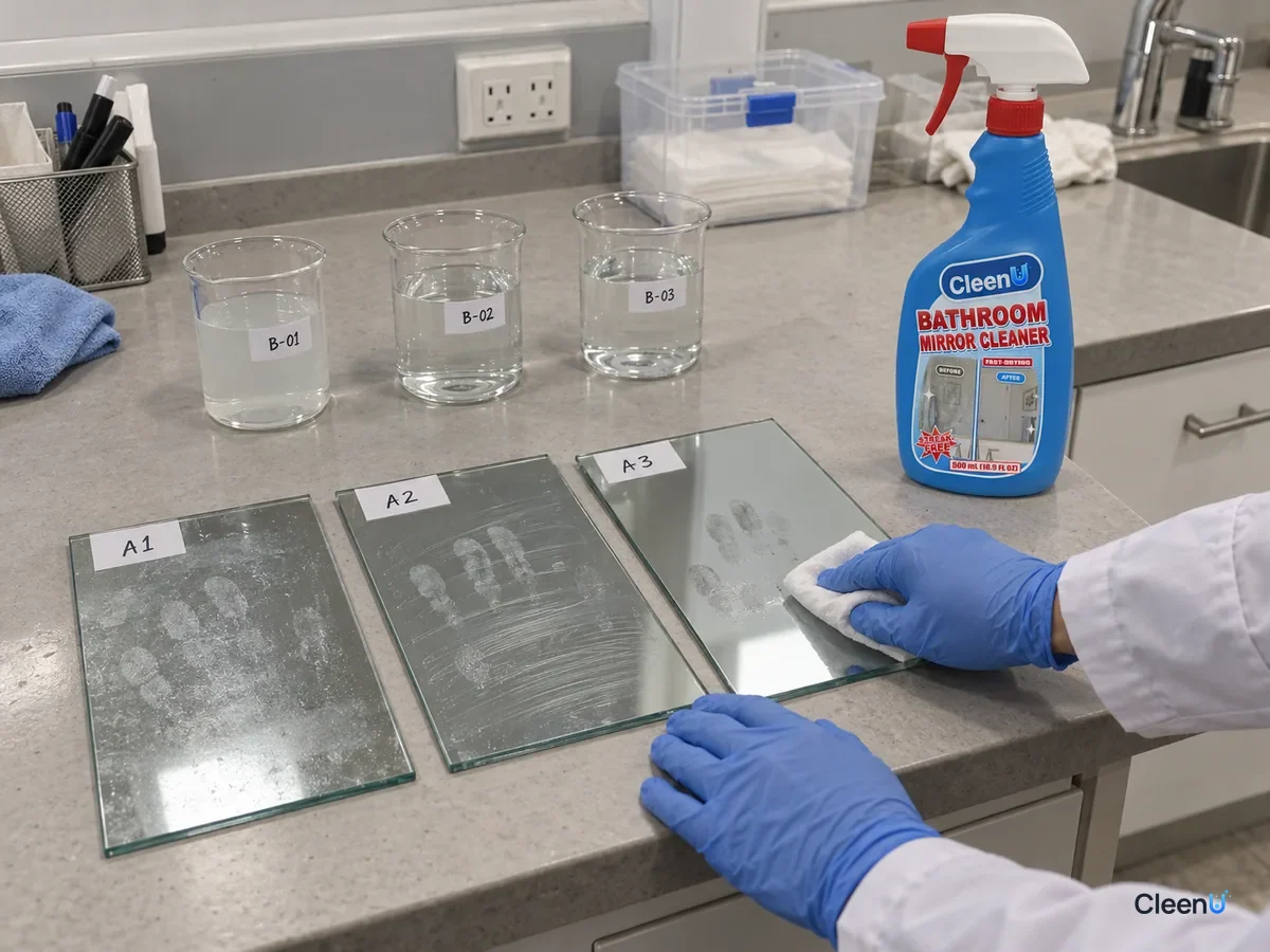 Lab bench: three coded glass panels with oily prints wiped with vinegar water, alcohol water, and a dedicated cleaner; vinegar smears and alcohol drag-marks, beside CleenU Bathroom Mirror Cleaner.