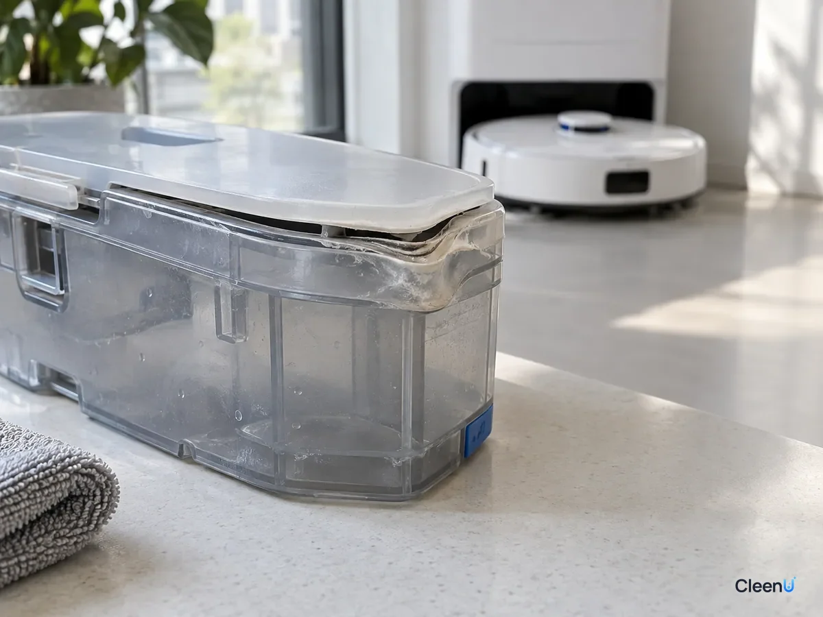 AI illustration: A clear robot mop clean water tank on a counter, with slight warping and whitening around its rim and lid fitting