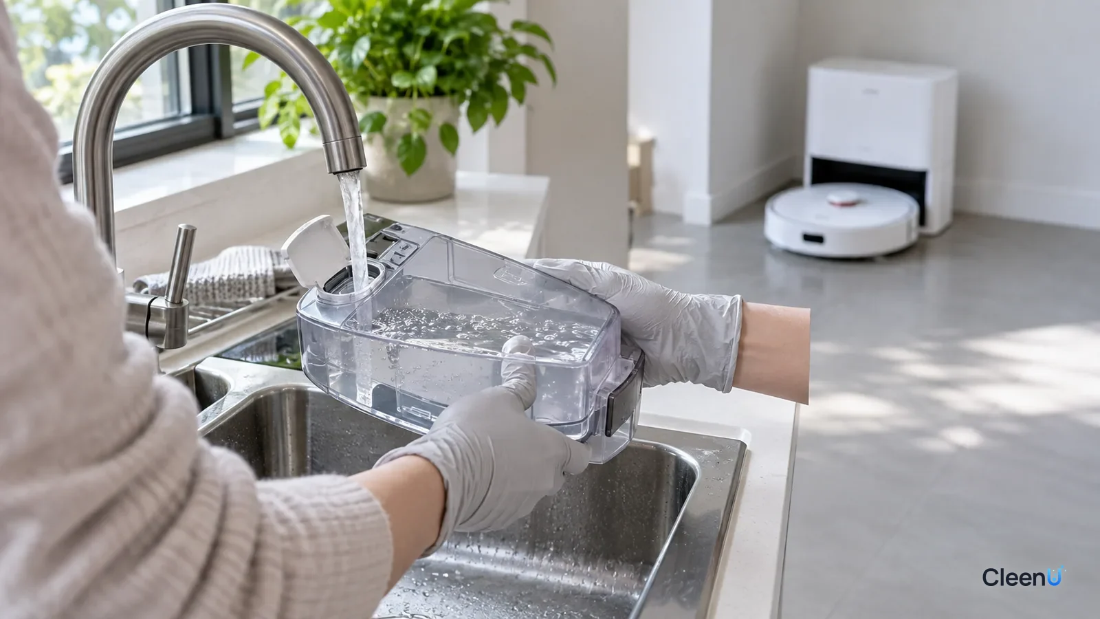 AI illustration: Gloved hands holding a clear robot mop tank beside a running faucet