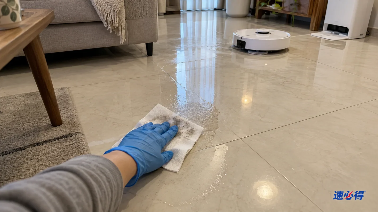 戴蓝色丁腈手套的手用纸巾按在瓷砖刚拖过的湿痕上，远处扫拖机器人还在拖地