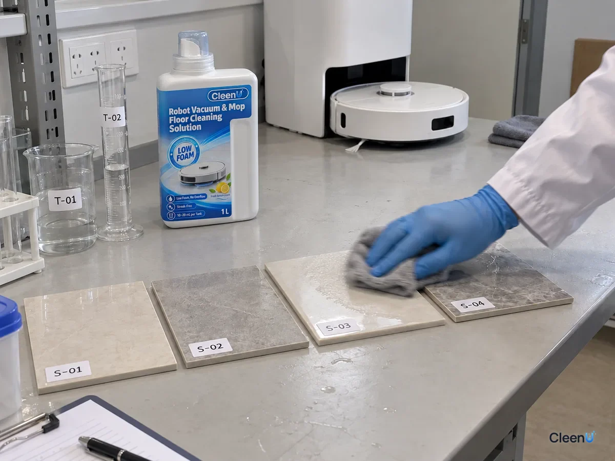 A lab tech wipes four floor samples S-01 to S-04 to compare drying, beside a CleenU Robot Vacuum & Mop Low Foam bottle.